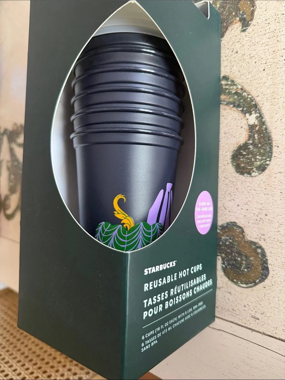 Starbucks Black Reusable Hot Cups with Purple Glow-In-The-Dark Lids